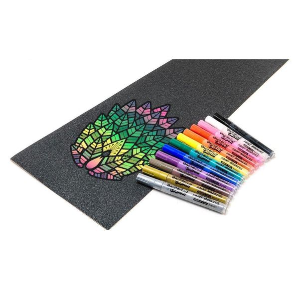 Venom Skateboards Grip Tape & 12 Paint Pens Art Pack - Perforated Skate board Grip tape for Skateboard Skate Deck Colour your Own Black Grip Tape Skateboard Accessories for Art 9" x 33" 2 Grip + Pens