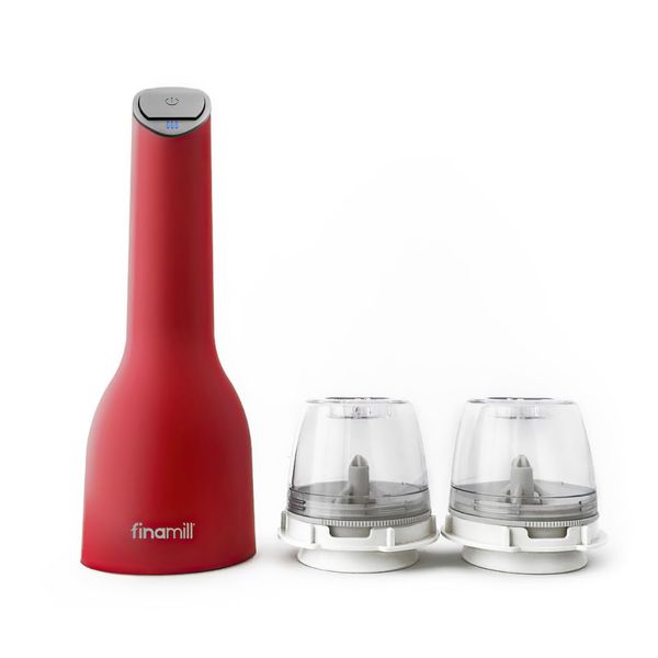 FinaMill USB Rechargeable Pepper Mill & Spice Grinder | Adjustable Coarseness, Ceramic Grinding Elements, One Touch Operation with LED Light | Includes 2 Quick-Change PRO Plus Pods | Sangria Red