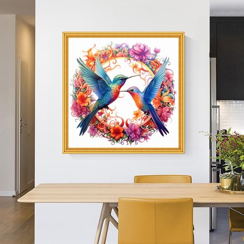 Foxhool Stamped Cross Stitch Kits,11CT Printed Cross Stitch Pattern Full Embroidery Kits for Beginner Needlepoint Kits-Hummingbird Wreath 18x18 inch