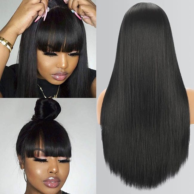 Long Straight Wig with Bangs Natural Black Wigs for Women Fashion Silky Soft Smooth Remy Hair Heat Resistant Fiber Synthetic Wig Machine Made Glueless Full Wig 24 Inch Regular Everyday Wig