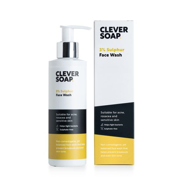 Clever Soap 3% Sulphur Face Wash - Exfoliating Blemish Control Cleanser - Suitable For Acne, Rosacea & Oily, Spot Prone Skin - Antibacterial, Sensitive Sulfur Soap - Fragrance Free Formula