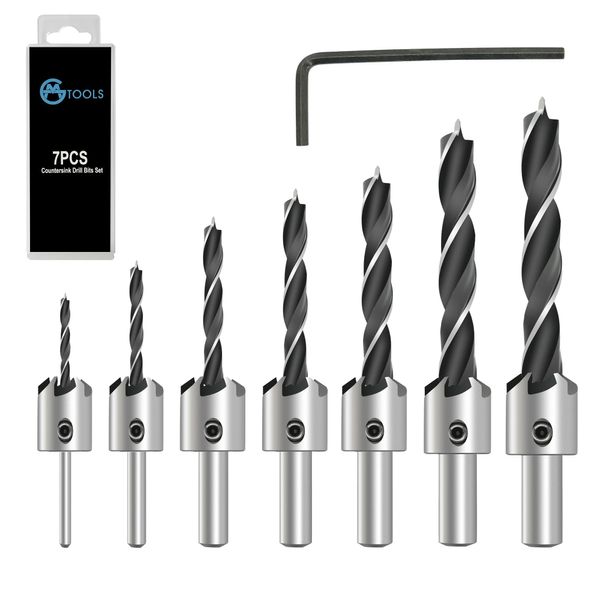 GMTOOLS Countersink Drill Bit Set, 7Pcs Tapered Drill Bits M2 HSS, with 1/4" Hex Shank Quick Change and Allen Wrench, Counter Sinker Set for Woodworking and Carpentry, Pilot Screw Hole Set