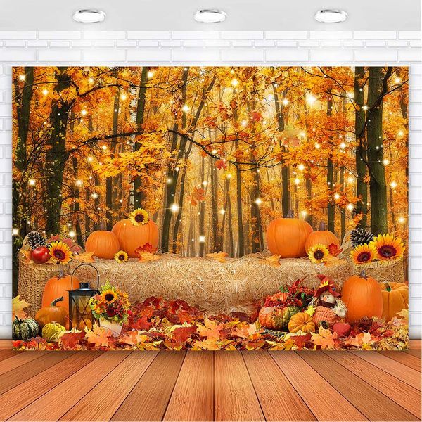 Avezano Autumn Fall Forest Photography Backdrop Natural Scencery Fall Landscape Leaves Haystack Thanksgiving Backrgound Pumpkin Maple Leaves Party Supplies 7x5ft