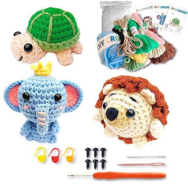 Amigurumi Crocheting Animals Kits, Crochet Kit for Beginners with Step-by-Step Video Tutorials-Hedgehog,Elephant, Turtle, Knitting Starter Pack for All Ages Birthday Gift Idea