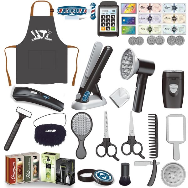 Kids Hair Salon Toys, Toddler Shaving Kit and Styling Toy Set with Blow Dryer, Wearable Beard, Razors, Scissors, Barber Costume Apron and Pretend Play Stylist Shave Accessories for Boys Girls 3-5