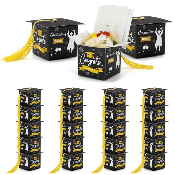 Graduation Candy Boxes, 20pcs Black Doctoral Cap Shaped Gift Box 2024 Graduation Celebration Treat Chocolate Sweet Box with Yellow Tassel for Grad Ceremony Party Supplies A3BYZH