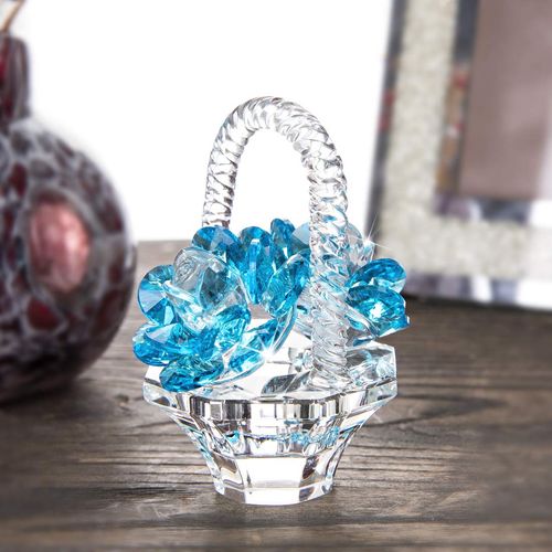 Light Blue Glass Flower Basket Ornament,Handmade Crystal Flower Figurine craft Cut Paperweight,Home Decor Tabletop Centerpiece, Birthday Gifts for Lady