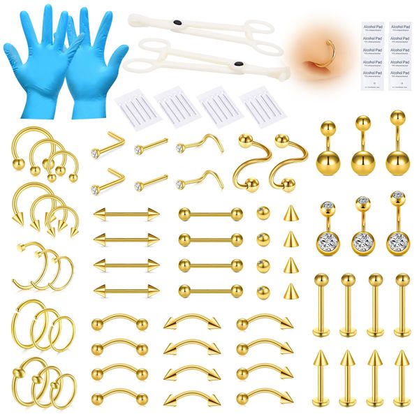 AVYRING 99Pcs Mixed Piercing Kit for All Body Piercings, 14G 16G 18G 20G Surgical Steel Piercing Needles Tools for Nose Belly Button Eyebrow Lip Tongue Ear Tragus Helix Piercing Jewelry, Gold