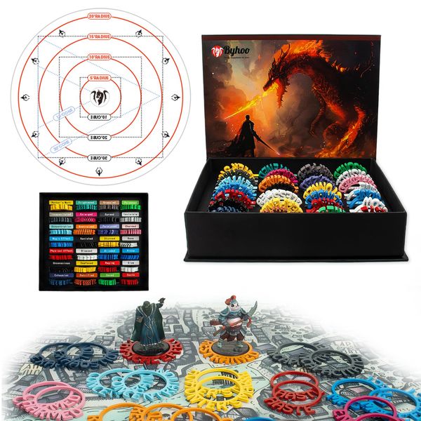 Byhoo Metal DND Condition Rings in 28 Markers with Spell Template, 112PCS DND Miniatures Status Effect Rings with Storage Box, Ideal Gift for D&D Pathfinder and More Tabletop RPG