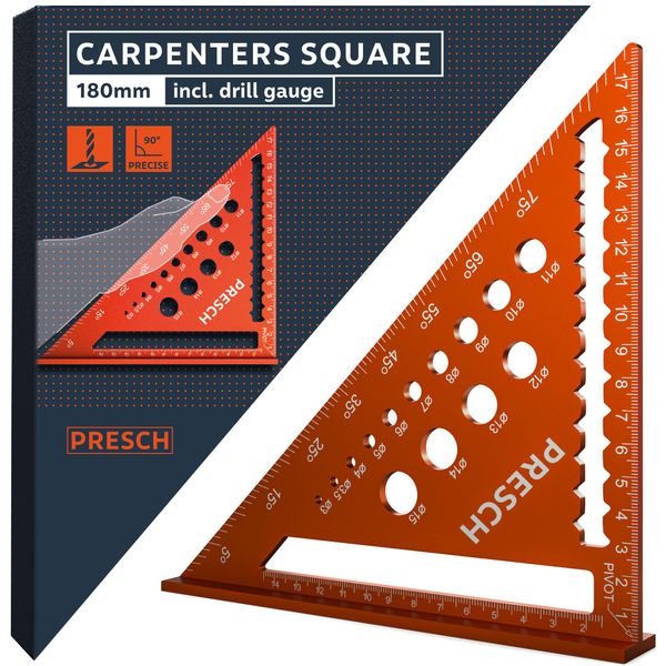 Presch Carpenters Square 180mm | Smart drilling guide for exact diameters | High-precision milled aluminum for permanently accurate 90° angles | Carefully crafted, resilient coating