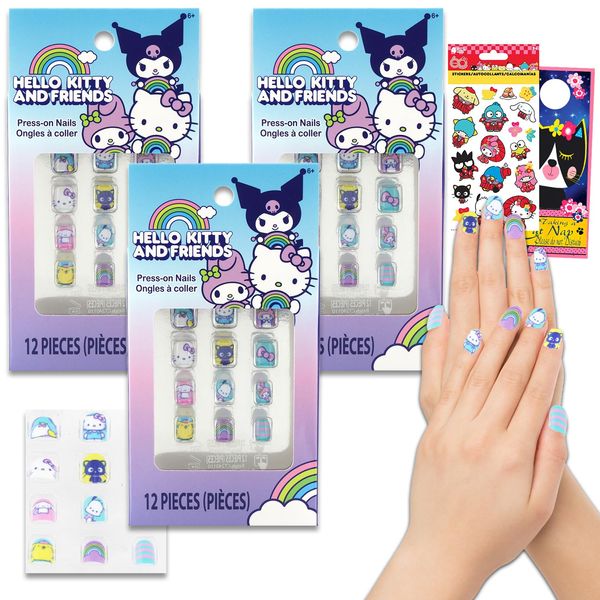 Hello Kitty Nail Art Stickers Set - 36 Pc Accessory Bundle with Hello Kitty Stick-On Nails for Birthday Supplies, Goodies, with Stickers and More