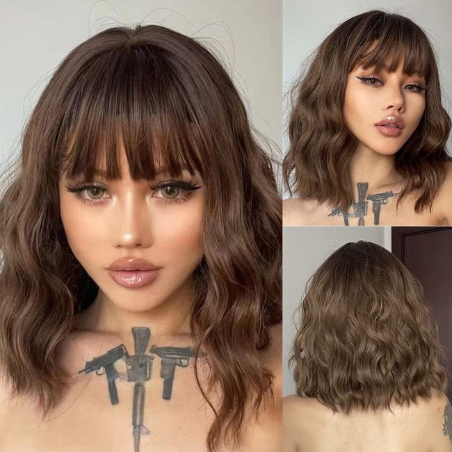 HAIRCUBE 14 Inch Short Curly Brown Bob Wigs for Women Synthetic Wave Wigs with Bangs Daily wig