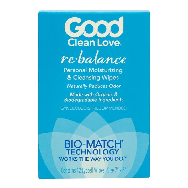 Good Clean Love Rebalance Personal Moisturizing & Cleansing Wipes, Naturally Reduces Odor & Supports Vaginal Health, pH-Balanced Feminine Hygiene Product, 12 Biodegradable Wipes