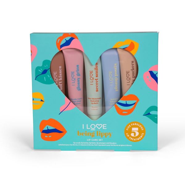 I Love Being Lippy Lip Care Set, Includes Lip Scrub, Lip Butter, Lip Balm, Lip Plumper, and Lip Gloss, Fruity and Minty Flavours for Lip Exfoliation, Protection and Long-Lasting Hydration, Pack of 5