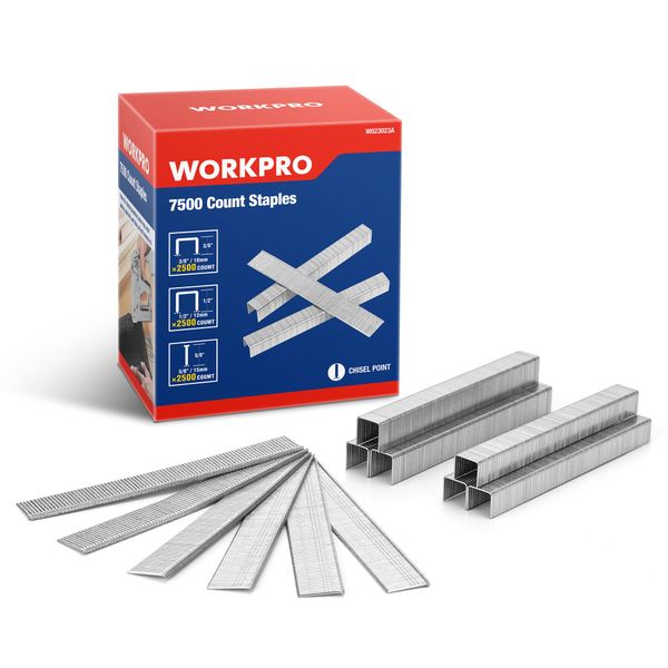 WORKPRO Heavy Duty T50 Staples and Brad Nails Combo Kit, 1/2" (12mm), 3/8" (10mm), 9/16" (15mm), Total 7500 Counts