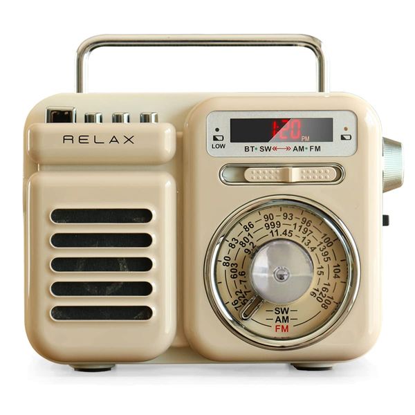 RELAX Multi Retro Radio Speaker, 7 in 1, TELEC Certified, Portable Radio, Bluetooth, LED Light, Flashlight, Power Bank, Multi-functional Radio, Charging, Manual Generator, FM/AM (Cloudy Sand)