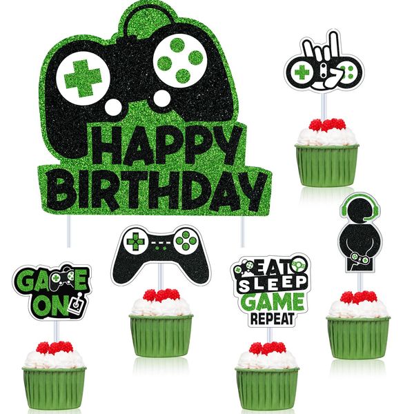 31 Piece Video Game Happy Birthday Cupcake Toppers Cake Toppers Video Gamer Party Decorations Supplies Picks Gaming Theme Birthday Party Banner Game Controller Backdrop for Kid Boys Gaming (Green)