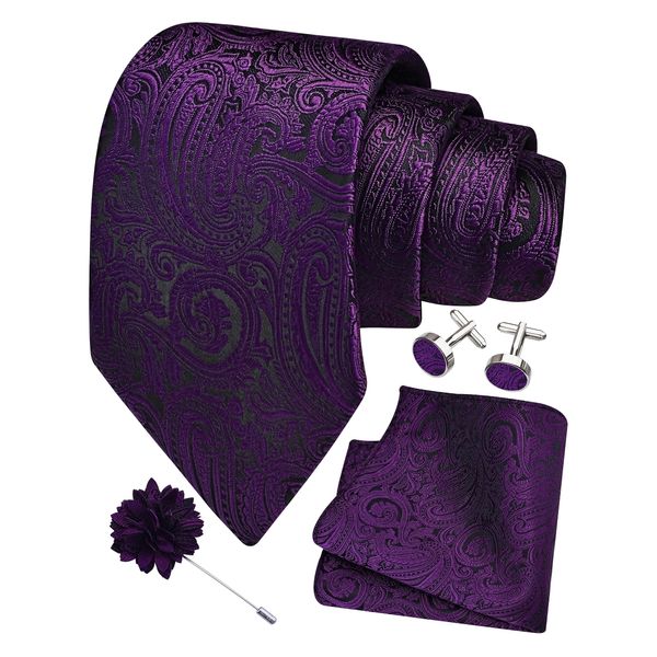 GUSLESON Mens Dark Purple Tie for Wedding Solid Silk Paisley Necktie Pocket Square Cufflinks and Lapel Pin Brooch Set (6103-23)