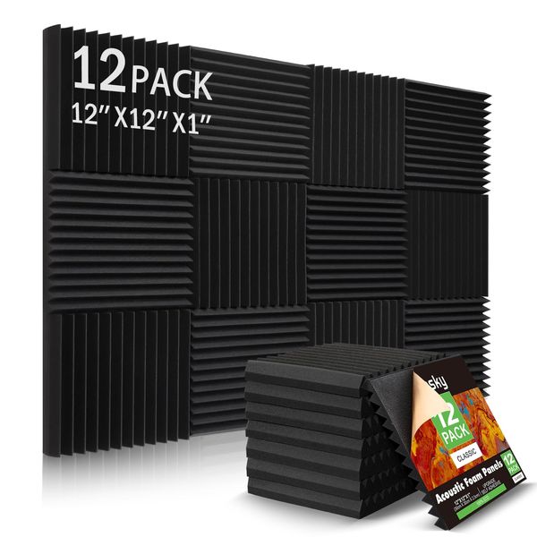 12 Pack Sound Proof Foam Panels Studio Acoustic Foam Panels,1" X 12" X 12"Soundproof Wall Panels With Self-Adhesive,Fire-Proofed Soundproofing Wedges,Acoustic Treatment Foam for Home -Black