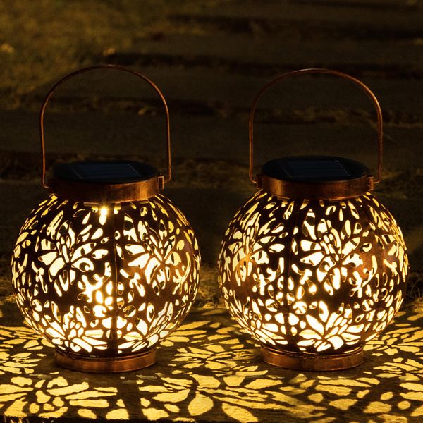 JOIEDOMI 2 Pack Outdoor Solar Hanging Lantern Lights, Waterproof Tabletop Solar Lights with Handle, LED Solar Powered Moroccan Lanterns, Metal Decorative Garden Lights for Patio, Lawn, Porch, Backyard