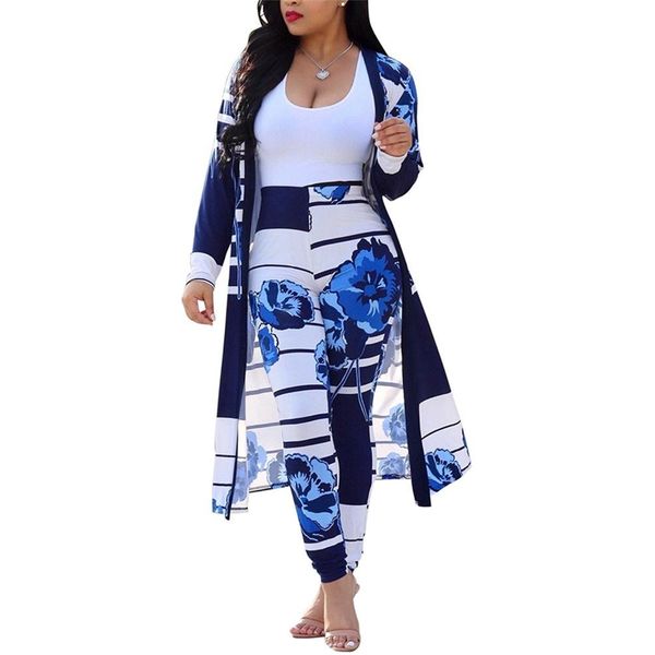 Womens Floral Print Long Sleeve Cardigan Cover up Long Pants 2 Piece Outfits Set Blue