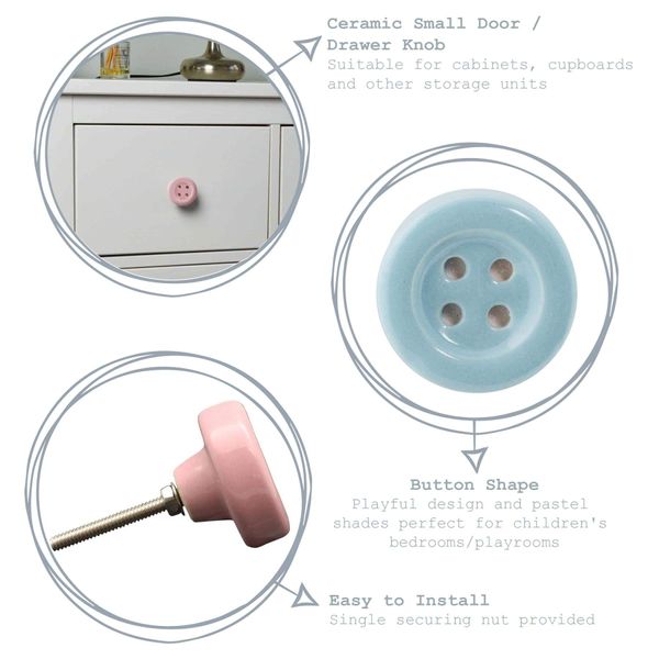 Nicola Spring Ceramic Cupboard Drawer Knobs - Button Design - Pink - Pack of 6