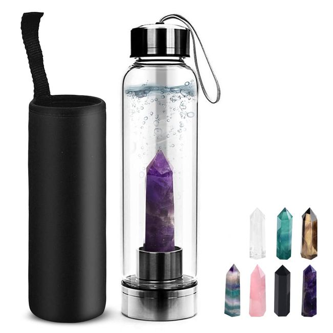 Tyuodna Water Healing Stones Bottle, Crystal Infusion Drinking Bottle, Healing Natural Water Bottle, Leak-Proof Quartz Crystal Glass, Crystal Therapy, Gemstone Bottle (Amethyst + Bottle)