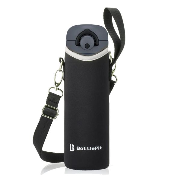 BottlePit 500ml Water Bottle Cover with Shoulder Strap (Black Silver)