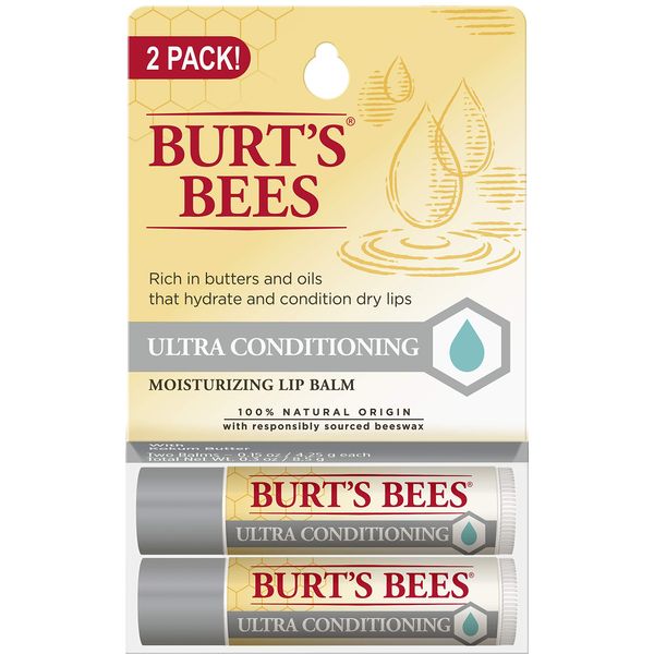 Burt's Bees Lip Balm Stocking Stuffers, Moisturizing Lip Care Christmas Gifts, 100% Natural, Ultra Conditioning with Shea, Cocoa & Kokum Butter (2 Pack)