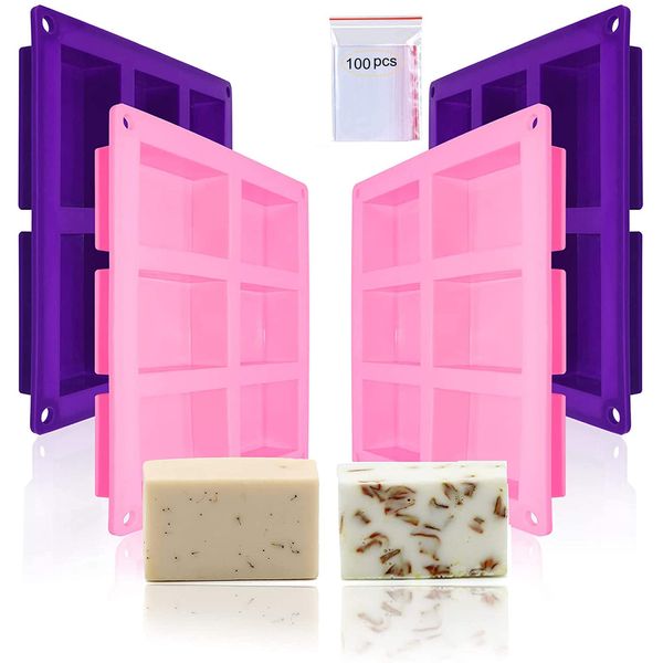 Rectangle Silicone Soap Moulds,Homemade Soap Molds,6-Cavity Cake Loaf Baking Moulds,Chocolate Bar Moulds, DIY Soap Making Trays for Craft (Pink+Purple)