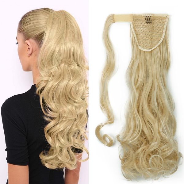 Ponytail Hair Extensions Clip in Curly 17" One Piece Wavy Hairpiece Synthetic Wrap Around - Bleach Blonde(Length:43cm,Weight:90g)