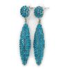 Teal Blue Crystal Leaf Drop Earrings/Rhodium Plated/ 65mm L