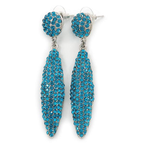 Teal Blue Crystal Leaf Drop Earrings/Rhodium Plated/ 65mm L