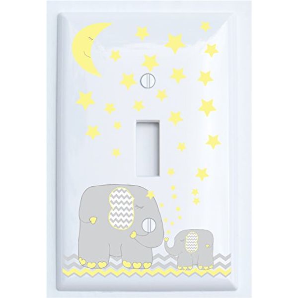 Yellow Elephant Light Switch Plate Cover Single Toggle with Yellow Moon and Stars/Elephant Nursery Decor with Grey and Yellow Chevrons (Single Toggle)