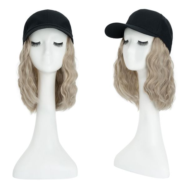 TESS Extensions mit Baseball Cap 20 cm, weiß blond balayage Cap mit Haaren Damen Kurz Gewellt, Verstellbar, Mottoparty, Karneval Hat Perücken für Frauen Mütze mit Haaren