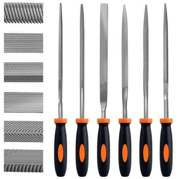 Preciva Needle File Set, 6Pcs Mini File Set, Carbon Steel File Set with Handle, Needle Files Including Flat, Pointed, Half Round, Square, Round, Triangle, Suitable for Metal, Wood,Glass,.etc.(6Pcs)