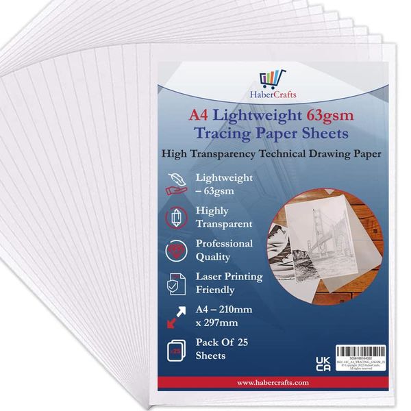 A4 63gsm Tracing Paper Sheets Printable Tracing Paper Acid Free High Transparency Technical Drawing Paper for Drawing Sketching Dressmaking 210 X 297mm (A4 Size - 63gsm Lightweight - 25 Sheets)