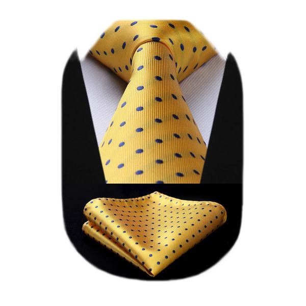 HISDERN Mens Yellow Polka Dot Ties and Pocket Square Set Woven Silk Necktie & Handkerchief for Men Business Party