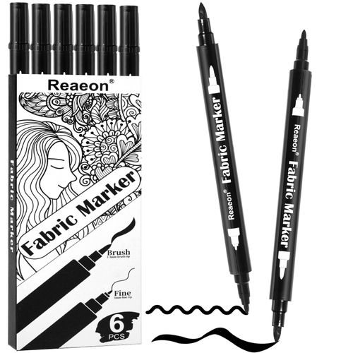 Reaeon Black Fabric Markers, Dual Tip Fabric Paint Markers, Permanent Fabric Pens for Clothes, T Shirts, Canvas, Bags (6pack)