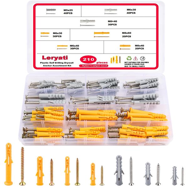 210pcs Screws and Wall Plugs Set, Leryati M5/M6/M8 Wall Plugs and Screws (105 x Masonry Screws, 105 x Expansion Anchor Bolts), Plastic Wall Anchors and Screws Kit for Wall Hanging and MountingTV Mount