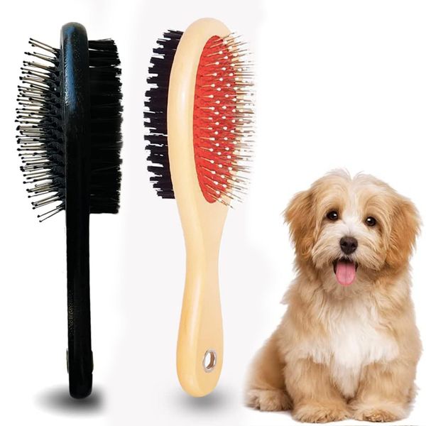 IB KOOT Wooden Dog Brushes for Grooming Double Sided Pet Hair Grooming Brush Professional Dog and Cat Brush for Shedding Ideal for Small and Long-Haired Dogs (1 Pack Random Color)