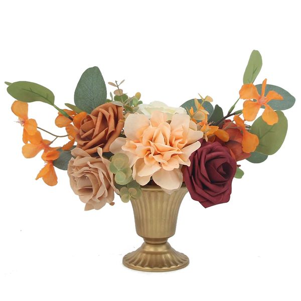 Rinlong Wedding Centerpiece Set for Fall Burnt Orange Wedding Flowers with Golden Urn Vase Artificial Flowers Thanksgiving Fall Centerpieces