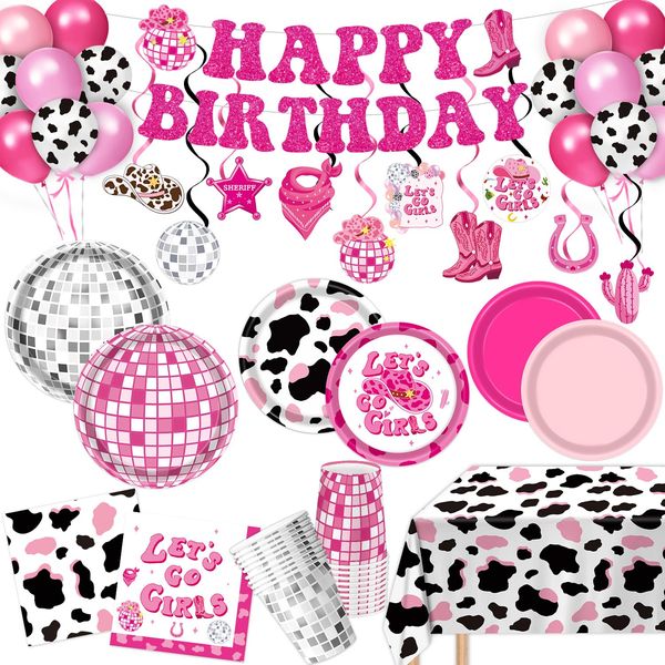 131 PCS Cowgirl Birthday Party Decorations Disco Cowgirl Party Decorations - Includes Plates, Napkins, Cups, Banner, Hanging Swirl, Tablecloth, Balloon for Western Cowgirl Party Decorations, Serve 24