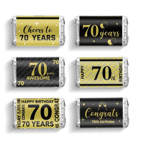 Tenare 90 Pcs 70th Birthday Candy Bar Wrappers Black and Gold Stickers Cheers to Anniversary Mini Label Stickers for Anniversary Birthday Party Supplies