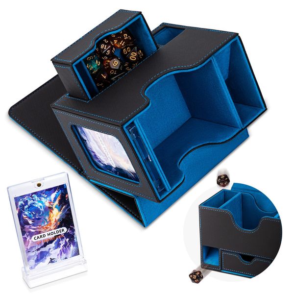 Flooyes MTG Commander Deck Box, Card Storage Box Fits 100 Double-Sleeved Cards, 35pt Card Brick, Dice Tray & Dice Pool, PU Leather Strong Magnet Card Deck Case for Magic Commander TCG CCG, Black/Blue