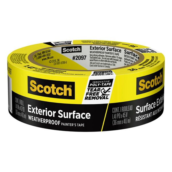 Scotch Exterior Painter's Tape, 1.41 in x 45 yd, Waterproof Masking Tape For Exterior Surfaces, Can Handle Wind, Rain, Humidity & Direct Sunlight, Bonds Aggressively, 1 Roll (2097-36EC-XS)