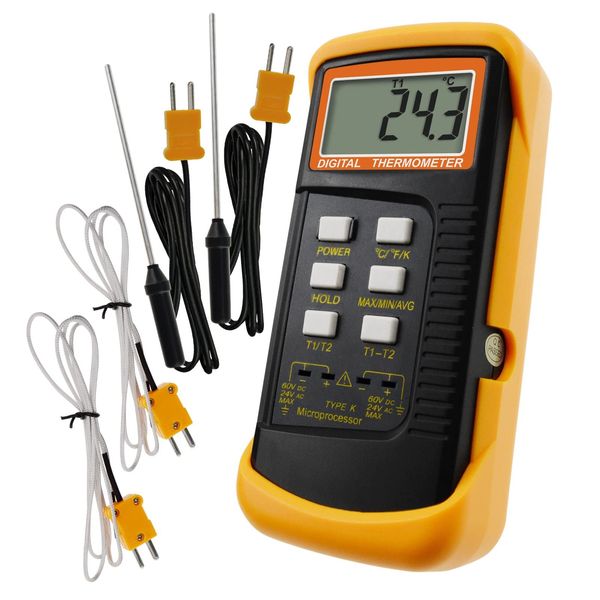 Digital 2 Channels K-Type Thermometer w/ 4 Thermocouples (Wired & Stainless Steel), -50~1300°C (-58~2372°F) Handheld Desktop High Temperature Kelvin Scale Dual Measurement Meter Sensor