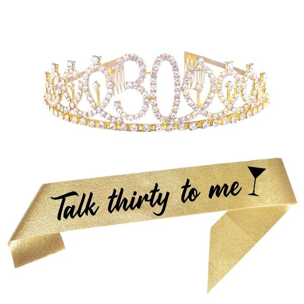 30th Gold Birthday Tiara and Sash Happy 30th Birthday Party Supplies 30th Birthday Glitter Satin Sash and Crystal Tiara Princess Birthday Crown for Girls 30th Birthday Party Decorations