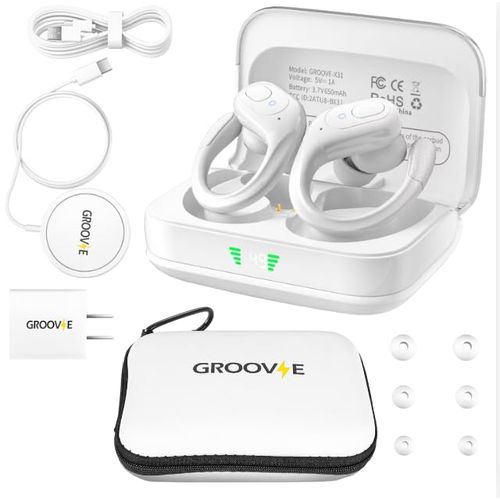 Groove Wireless Bluetooth Earbuds Over Ear Electronics | 4-in-1 Kit | Includes (2) Ear Buds (1) Rechargeable Case with Cable (1) Wireless Charging Pad for Mobile Phone (1) Travel Bag | Travel Kit