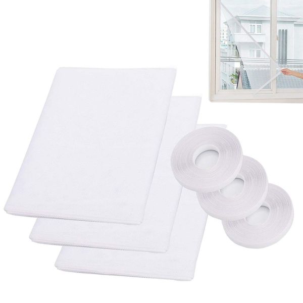 Ram® 3 Pack Mosquito Net for Windows Fly Window Screen Mesh Insect Netting 1.3m x 1.5m Bug Bee Mosquito Protector with 3 Rolls Self-Adhesive Tapes [10mm Wide] White